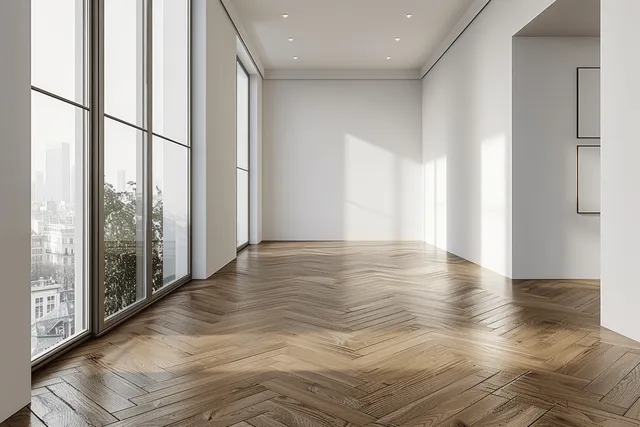 Minimalist bright room with herringbone parquet floor, white walls, and large window view