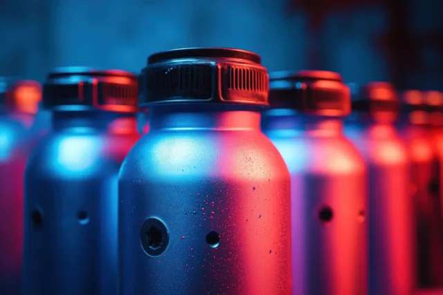 Condensed silver metal bottles with black caps stand in a row, lit by blue and red neon hues.