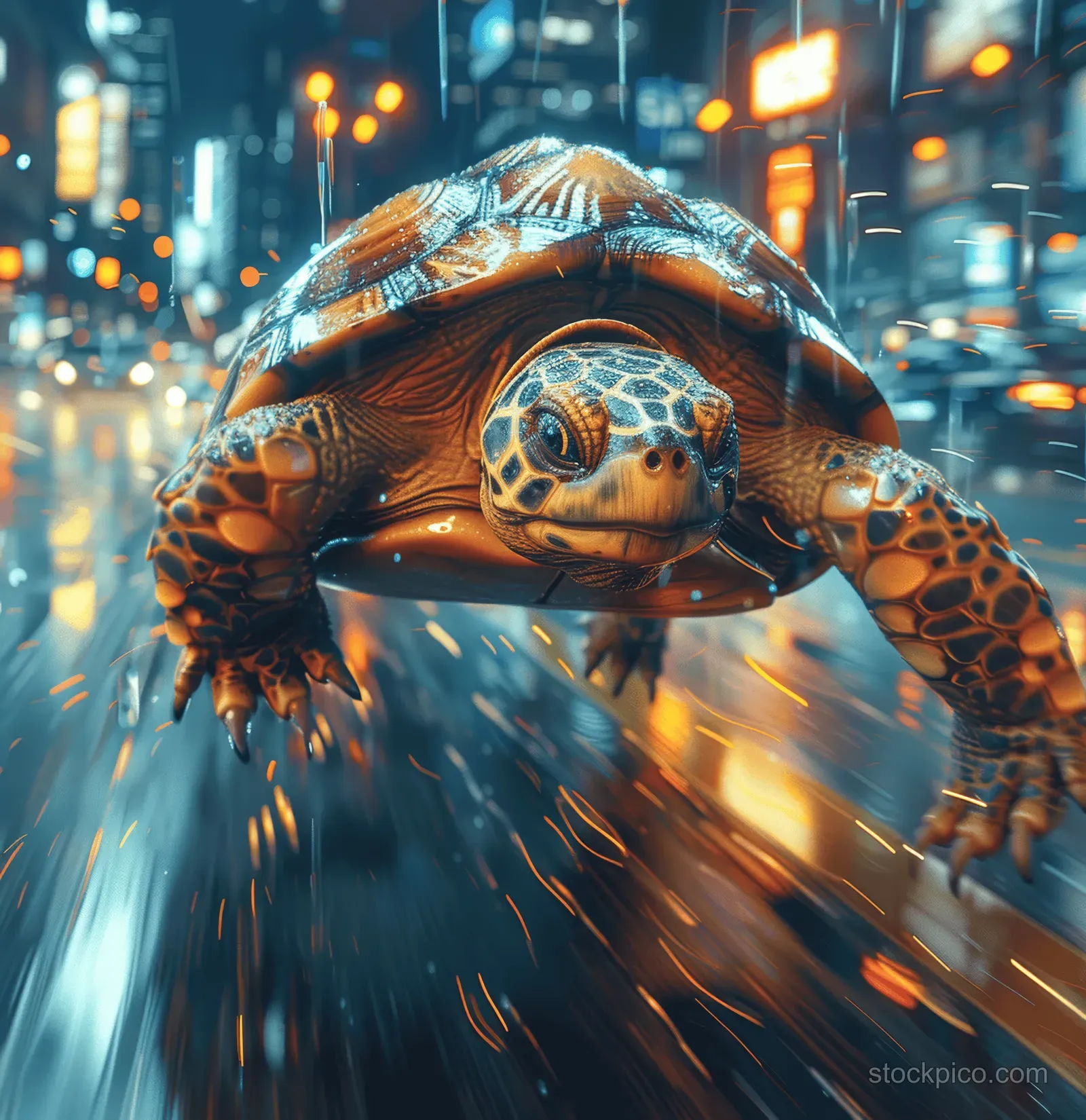 A turtle speeds through a neon rainy city street, leaving motion blur and reflecting lights on wet pavement.