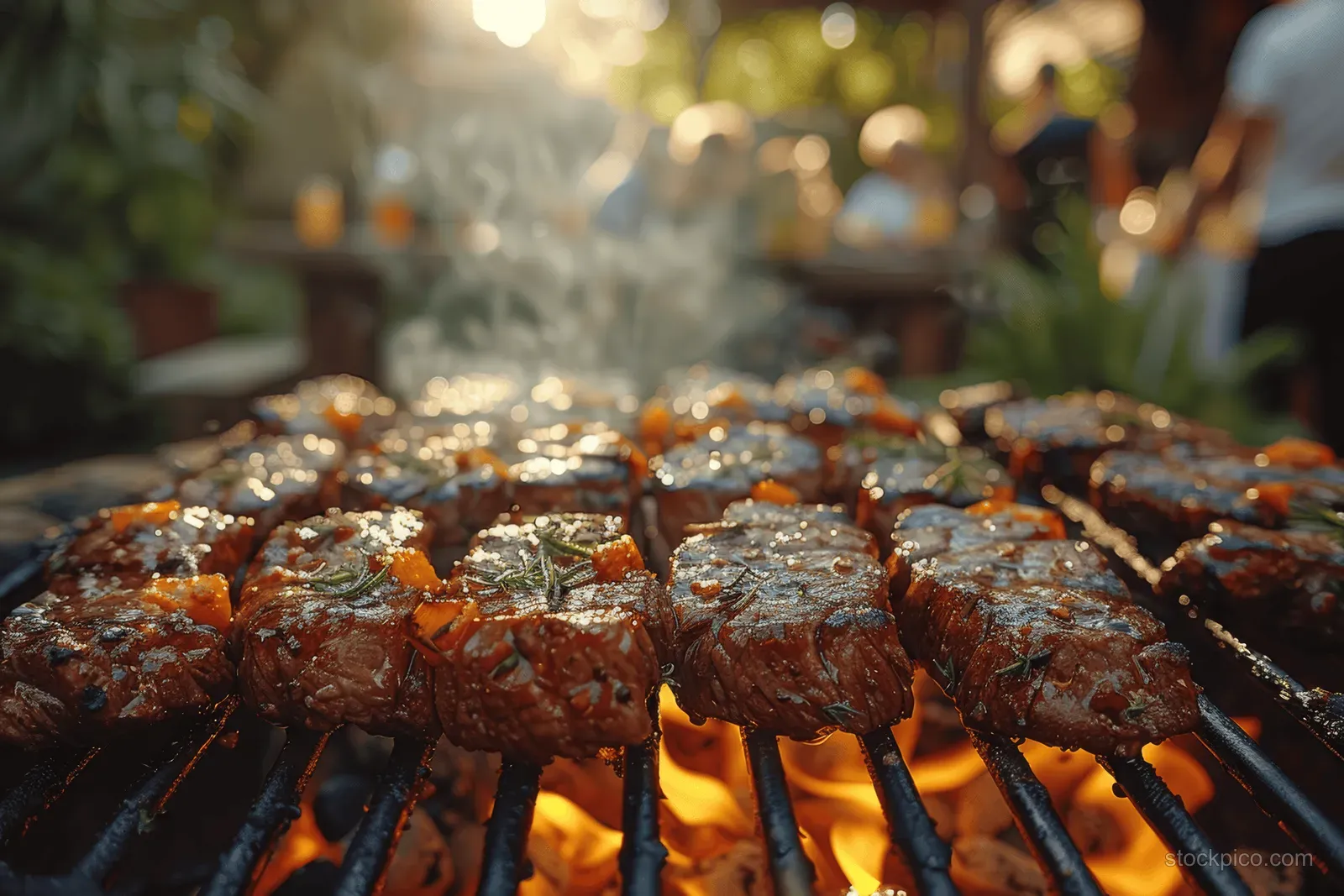 Grilled meat pieces sizzle over open flames on a backyard barbecue grill with embers and smoke.