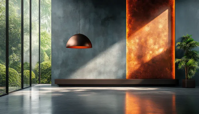 Minimalist kitchen counter with shiny steel surface and empty shelf, soft spotlight reflections
