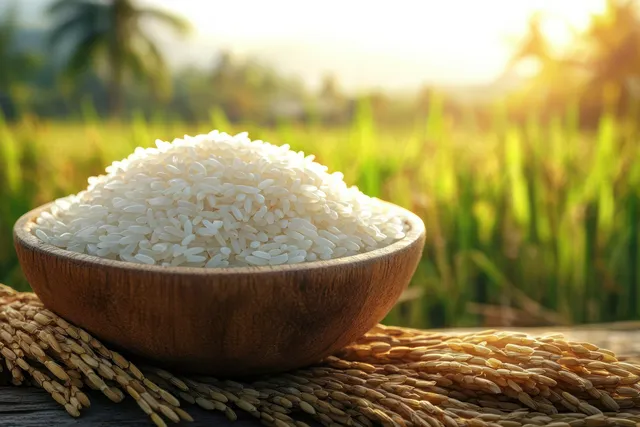 A wooden bowl of white rice rests on straw with a sunlit green rice field in the background.