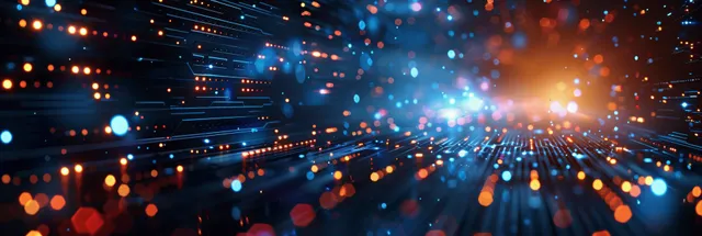 Glowing circuit lines and data streams radiate through a dark digital network backdrop