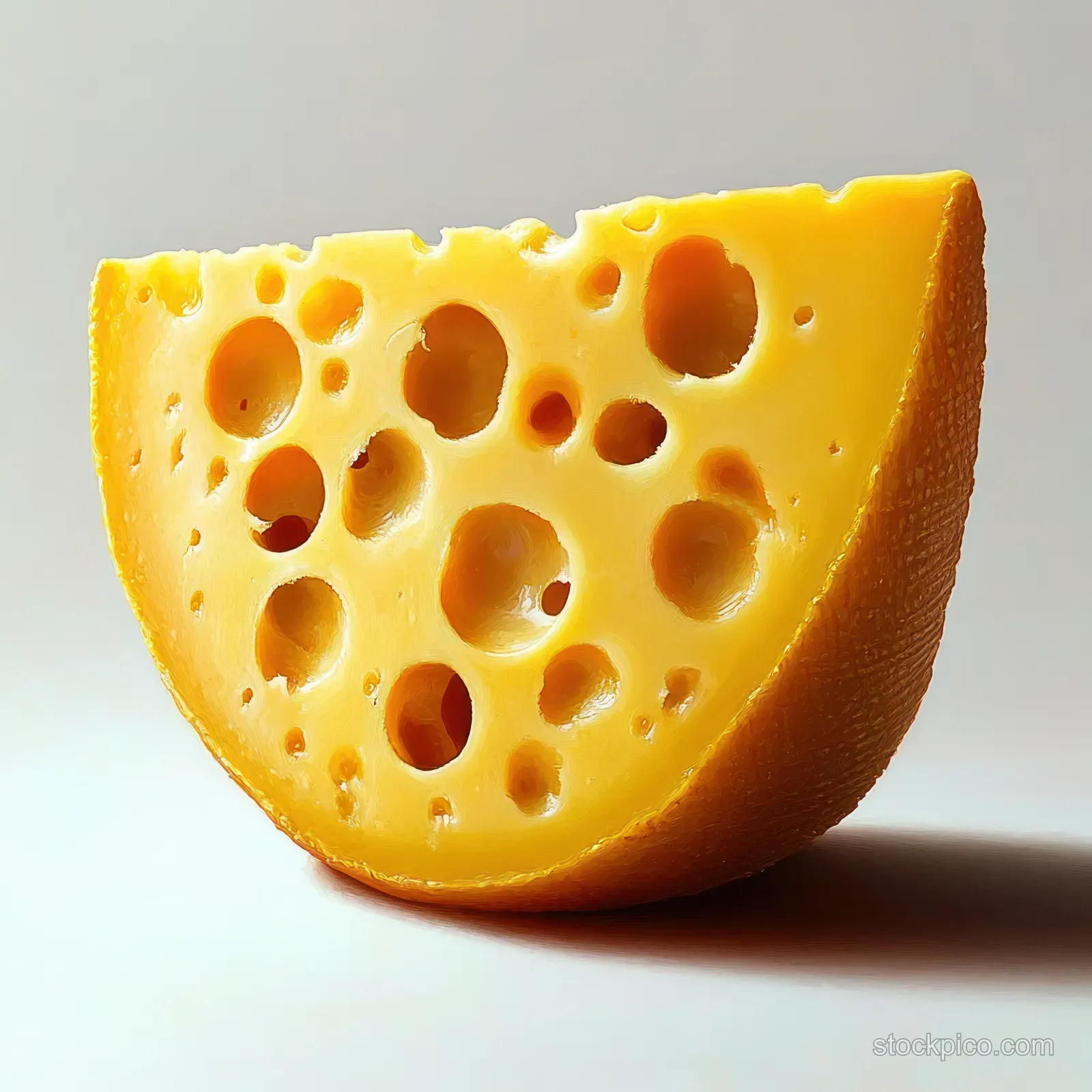 A wedge of yellow cheese with round holes sits on a light background, casting a soft shadow.