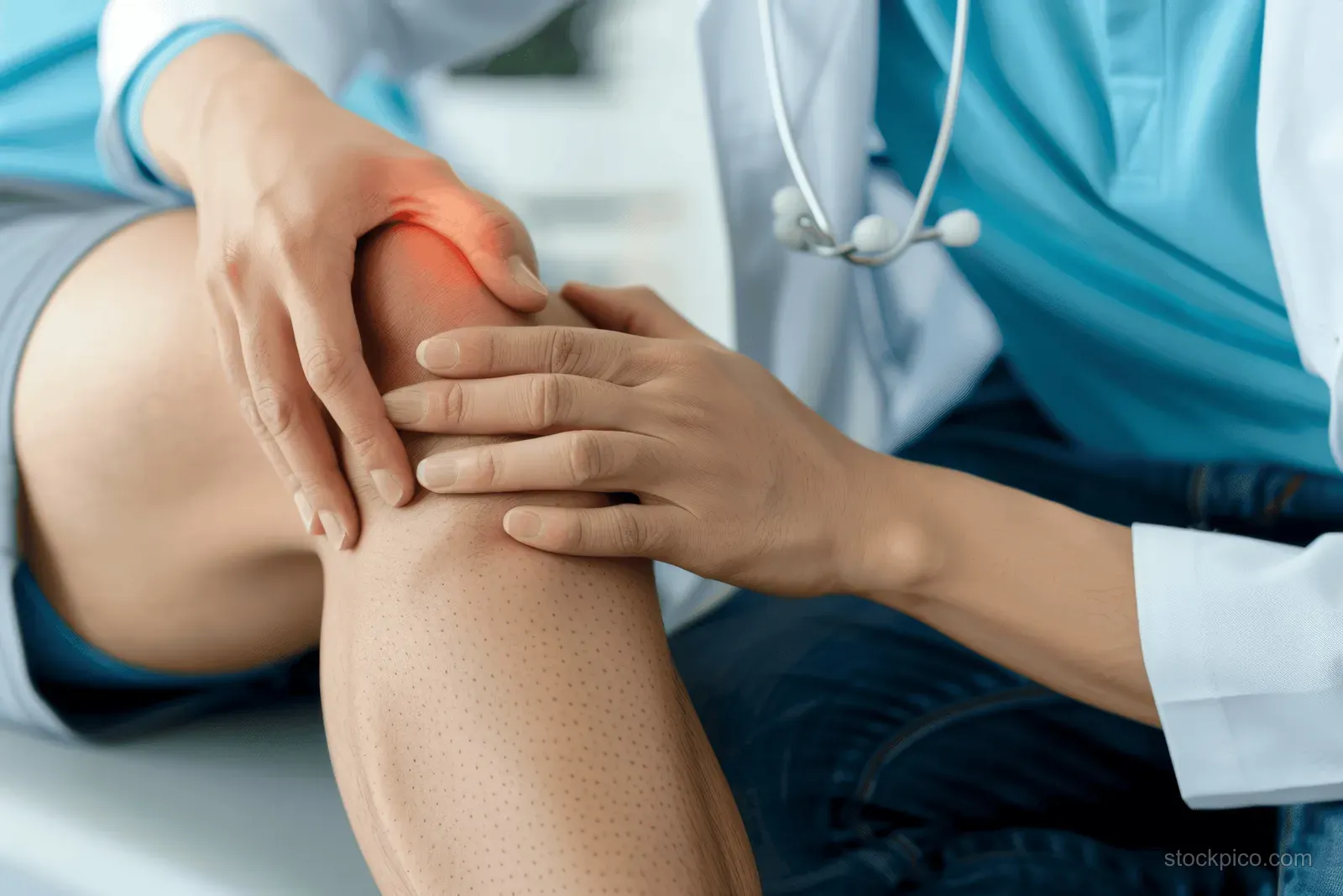 Physiotherapist’s hands massage an athlete’s sore knee next to a doctor holding a stethoscope.