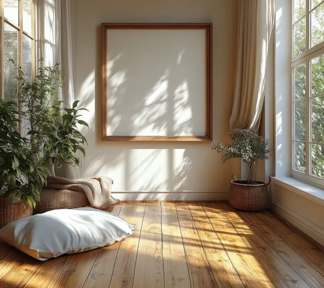Minimal Scandinavian living room with a blank wooden frame and sunlight casting shadows on a light wooden floor.