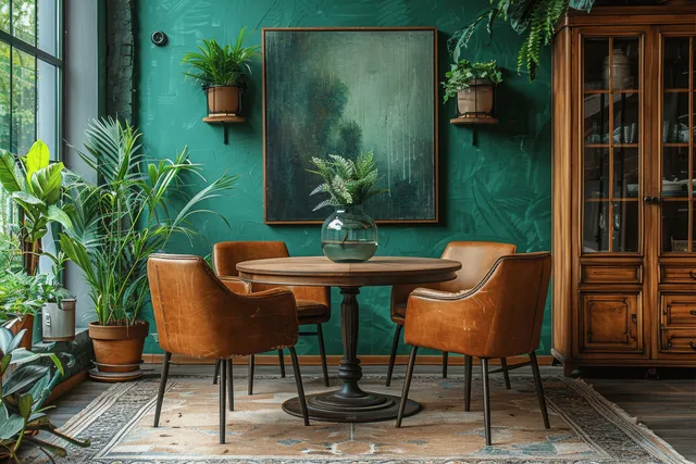 Brown leather armchairs surround a round pedestal table in a green-walled room with framed painting and potted plants.