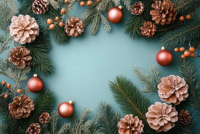 Holiday frame of pinecones and fir branches with red berries and Christmas baubles on a light blue background.