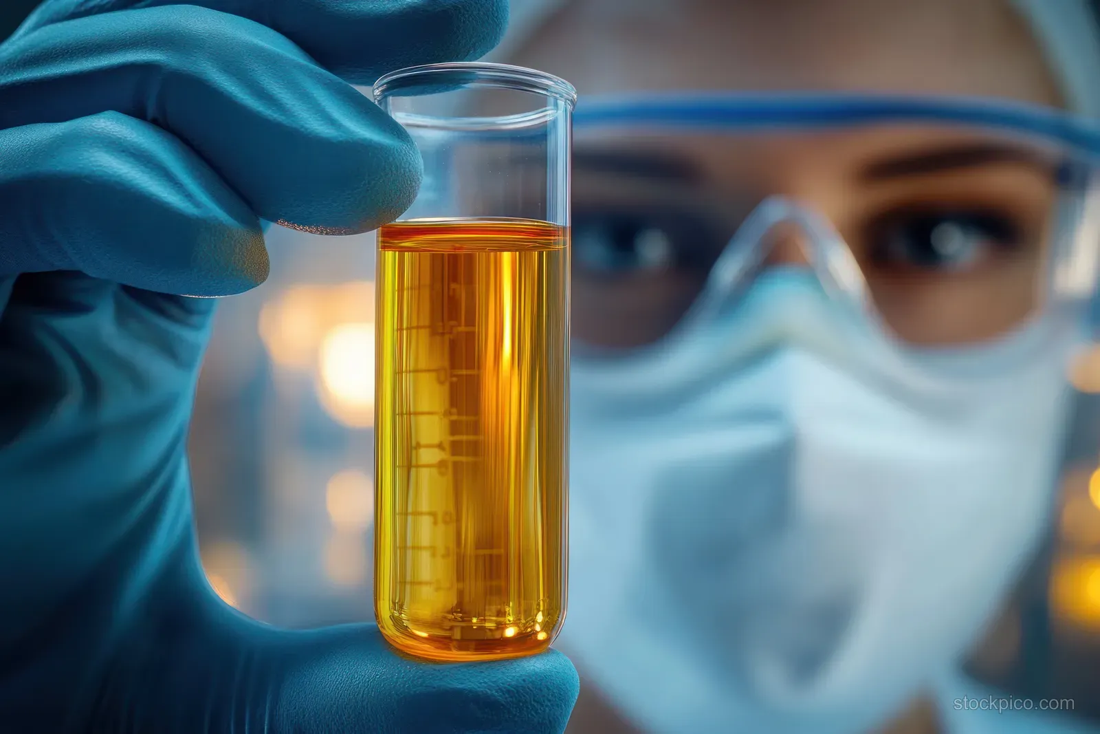 Scientist in protective mask and gloves holds an orange liquid test tube during laboratory inspection.
