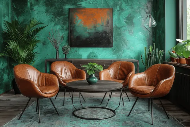 Brown leather armchairs face a round table in a green Scandinavian dining room with framed wall art and indoor plants.