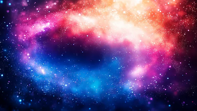 Swirling cosmic nebula clouds with pink, purple, blue starlight forming a luminous galaxy scene