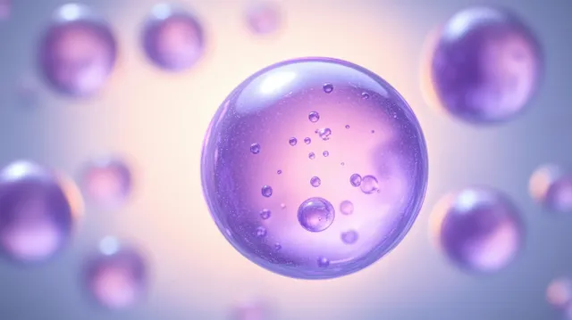 Purple hyaluronic acid droplet suspended with micro-bubbles, glowing skincare science background