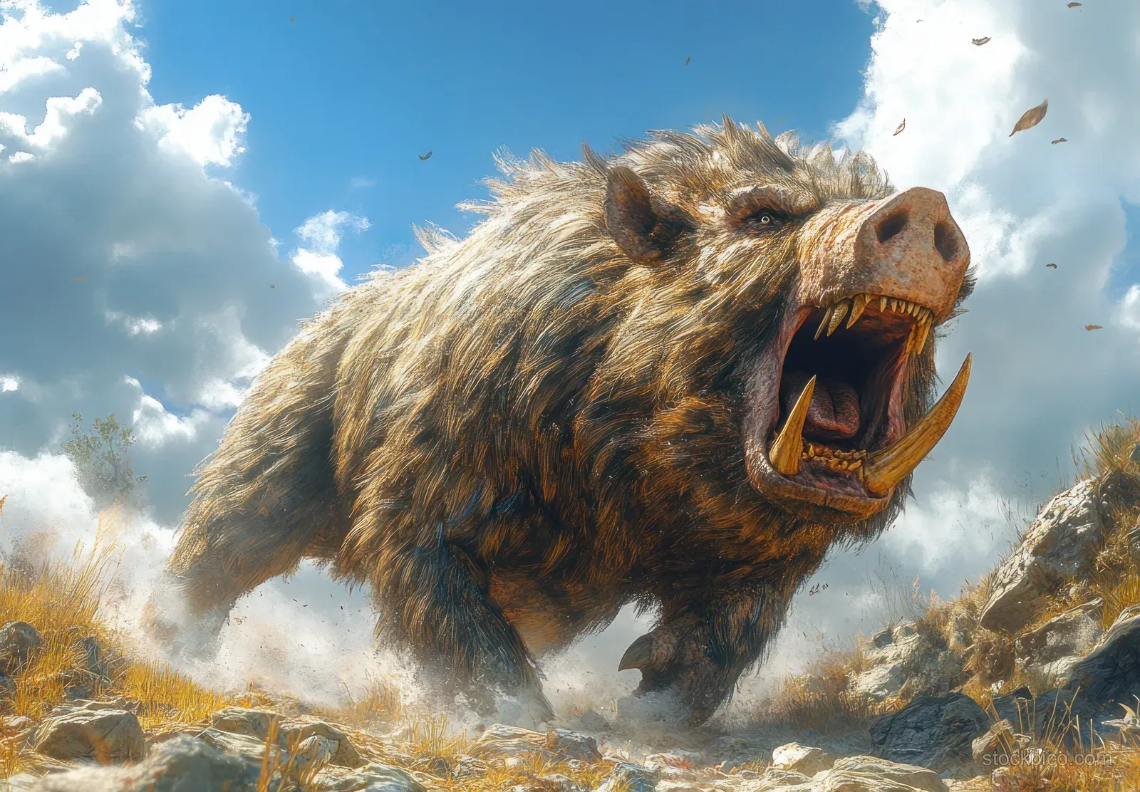 Entelodon roars on rocky terrain, surrounded by lush grass and dramatic sunlight in a prehistoric landscape.