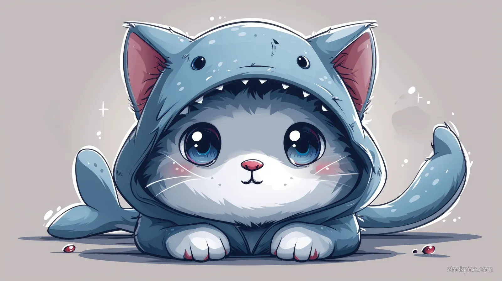 A cute kawaii cat in a shark hoodie sits on the floor, smiling with big eyes and sparkles around it.