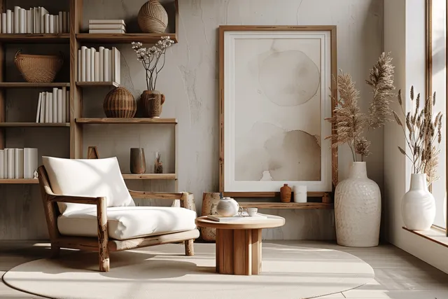 Sunlit Japandi living room with wooden armchair, round side table, bookshelves, and beige rug in a minimalist interior.