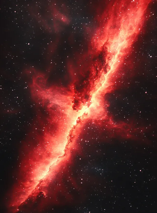 Fiery red interstellar nebula glows among scattered stars in deep space