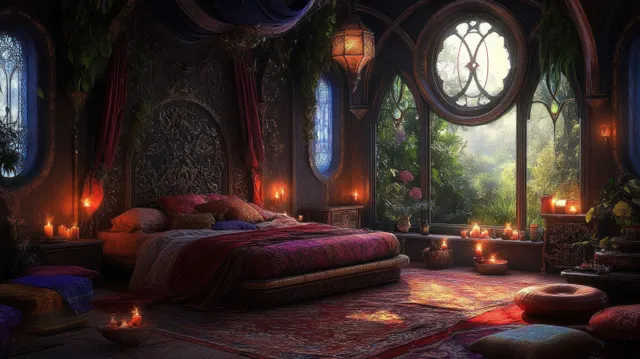 Enchanted Art Nouveau bedroom with ornate bed, candle glow, and arched window view