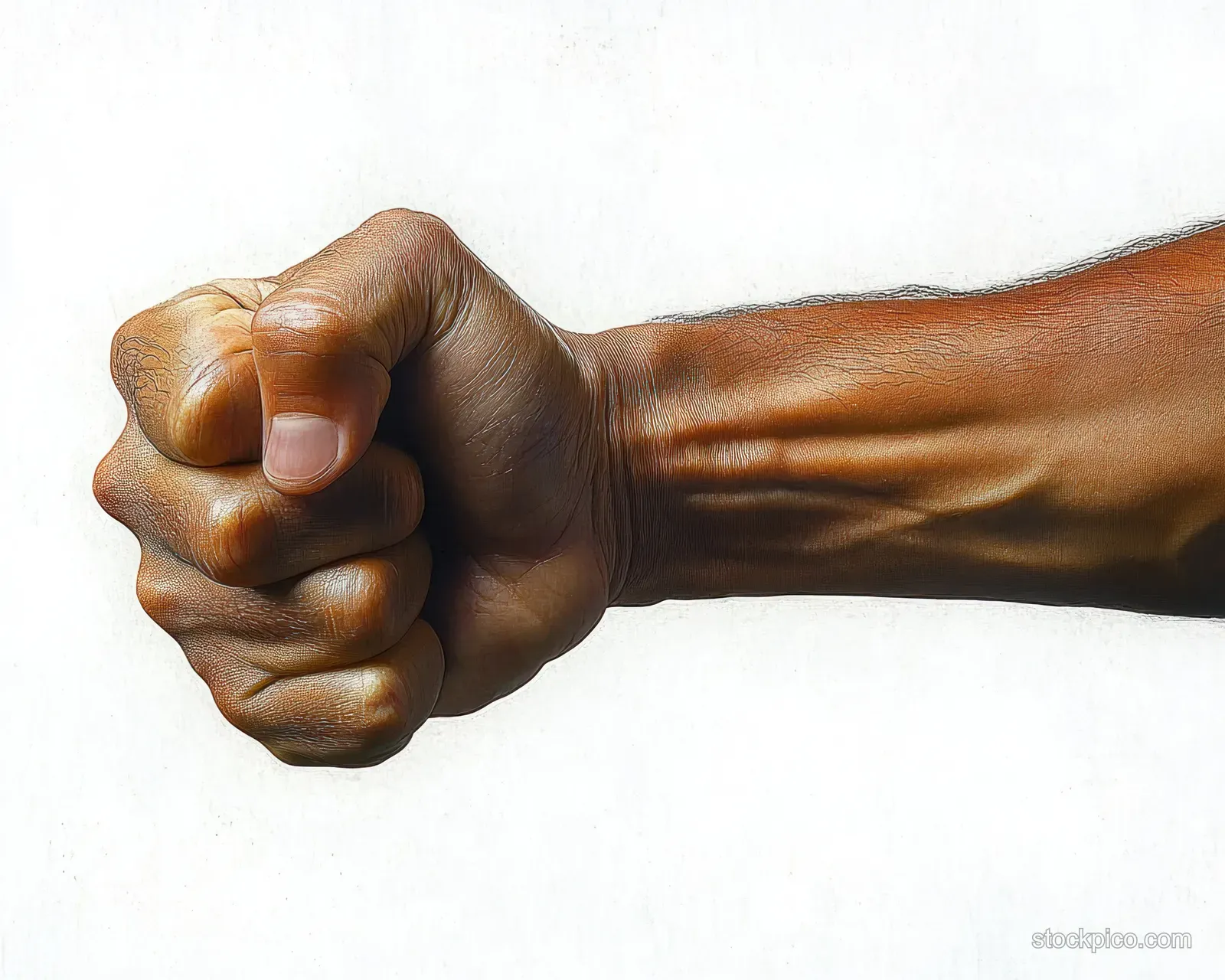 Clenched fist and forearm with visible veins held forward against a white background.
