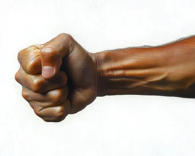 Clenched fist and forearm flexing veins on white background, expressing determination