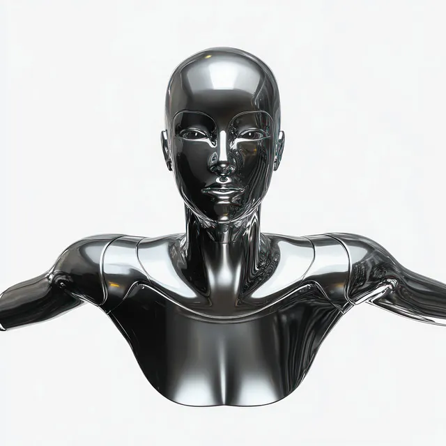 Shiny metallic futuristic humanoid robot torso with reflective surfaces on white background