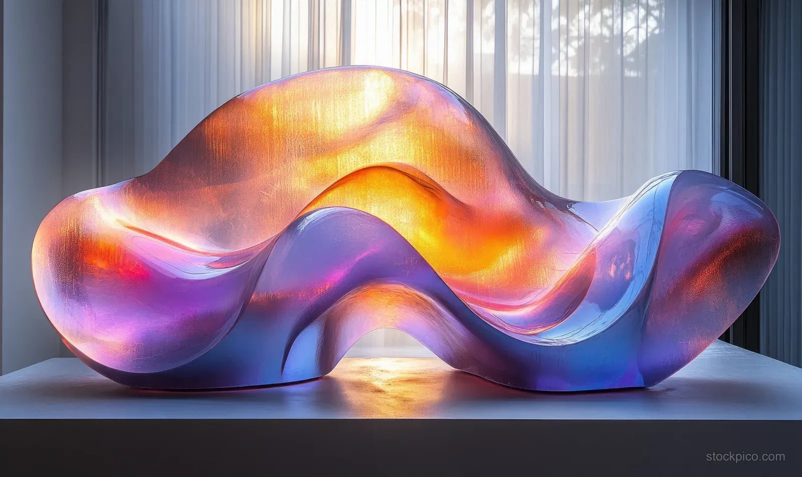 Iridescent ribbon-like sculpture with purple and blue highlights on a pedestal beside window light.