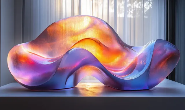 Iridescent futuristic sculpture on pedestal with smooth ribbon-like curves in purple and blue light
