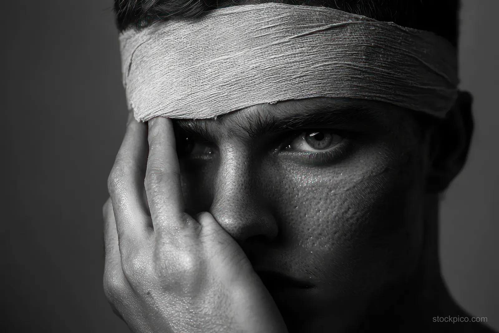 Black and white close-up portrait of a young man with a bandaged forehead and his hand covering one eye.