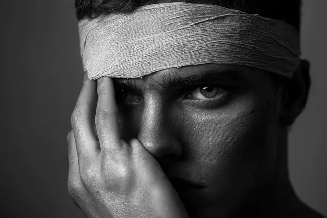 Black and white portrait of a young man holding his eye beneath a bandaged forehead