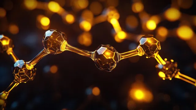 A glowing 3D molecular chain of connected spheres suspended against a dark background with warm bokeh lights.