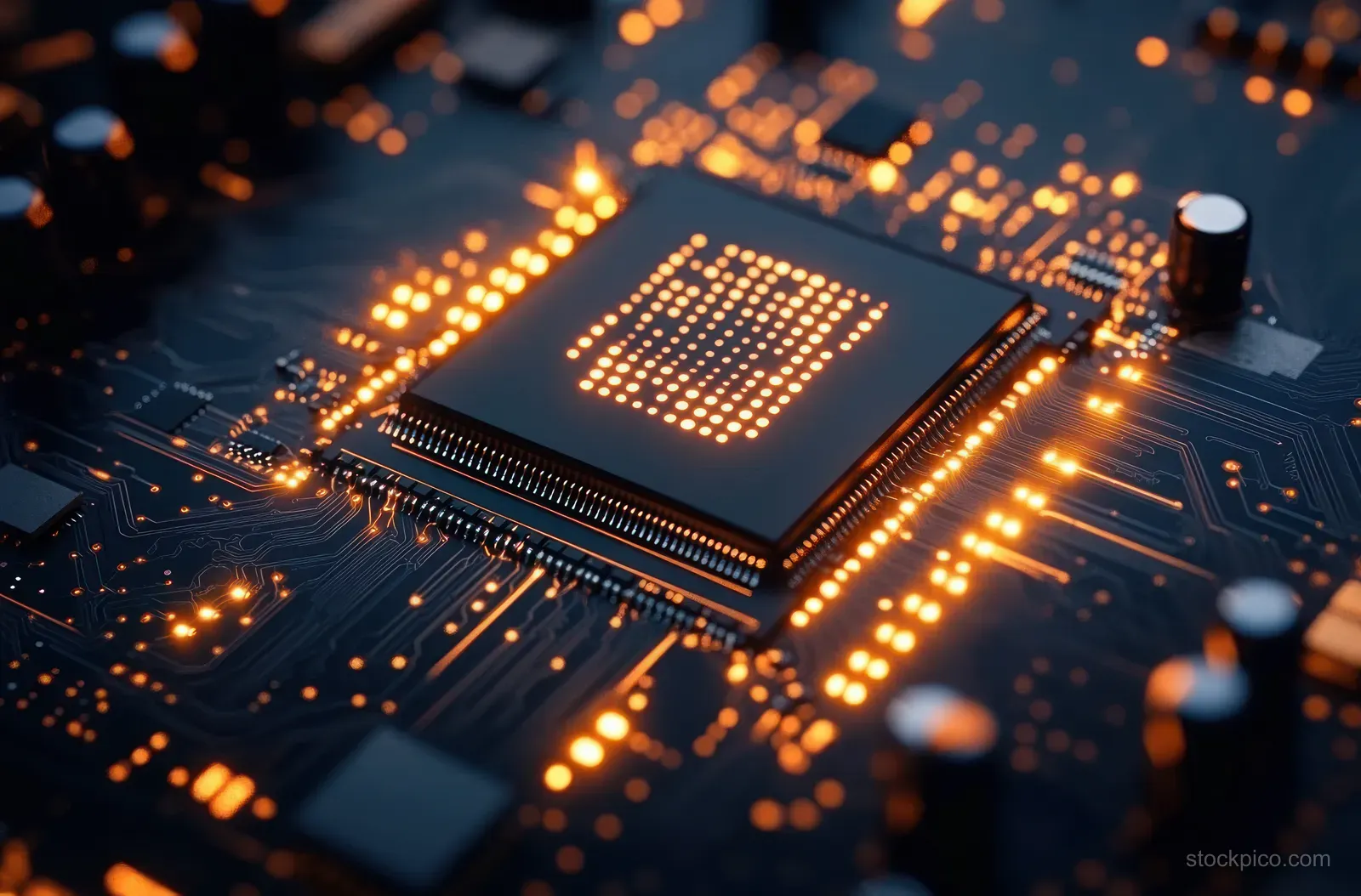 Hyper-realistic macro view of a microchip illuminated by blue light on a detailed circuit board.