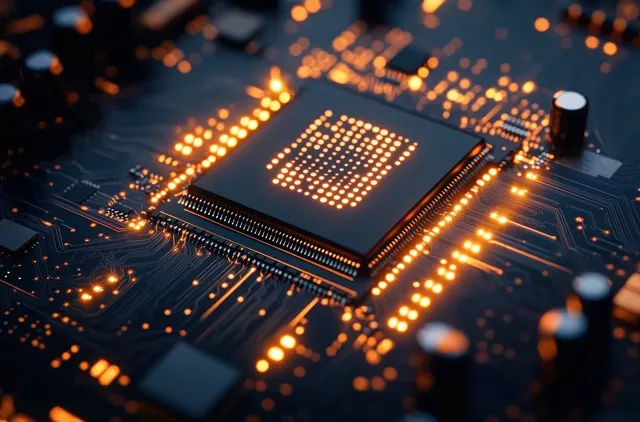 Hyper-realistic macro view of a microchip illuminated by blue light on a detailed circuit board.