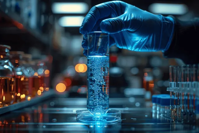 A gloved scientist holds a test tube with glowing blue liquid in a laboratory with flasks and beakers.