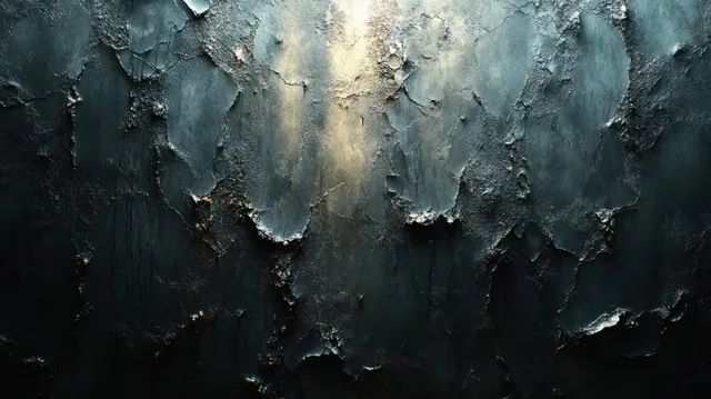 Close-up of a dark, cracked paint metal wall with rough flakes and mottled blue patches.