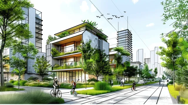 Green apartment building with balconies and solar panels sits along a landscaped street with bicycle lanes and tall trees.