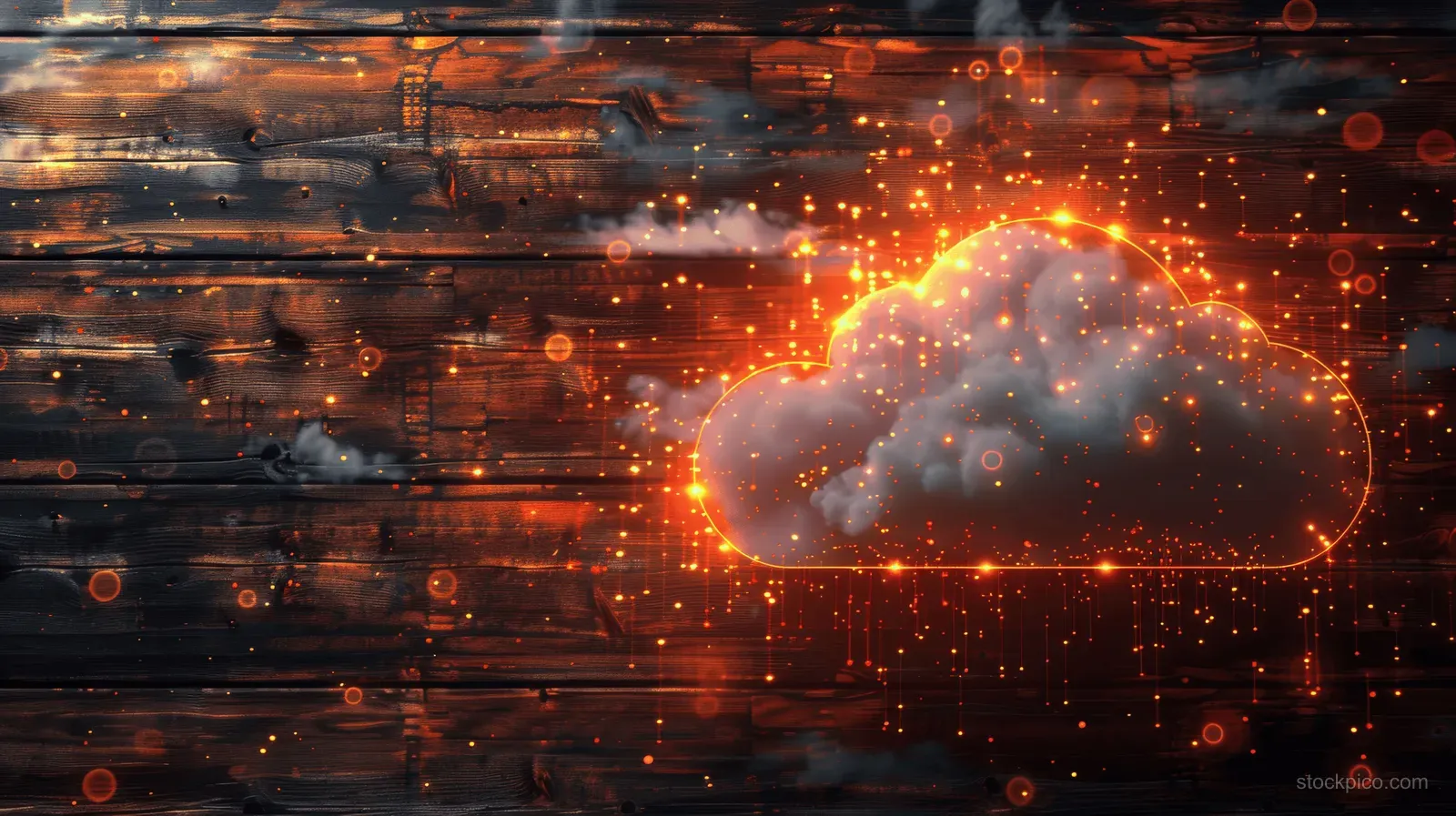 A glowing cloud icon with orange digital sparks on a dark wooden background.