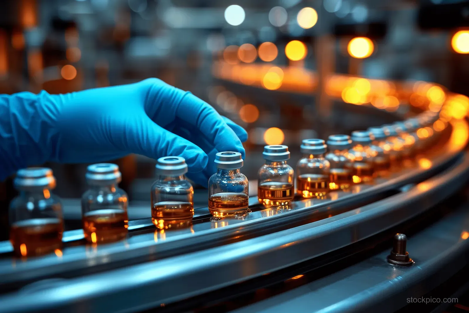 A scientist in blue gloves inspects amber medicine vials on a conveyor inside a sterile pharmaceutical production room.