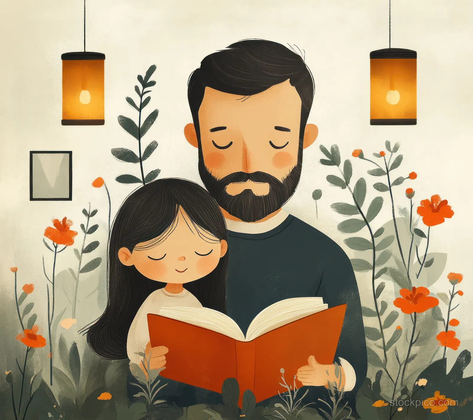A bearded father and child read an orange book indoors under glowing hanging lanterns with flowers in the background.