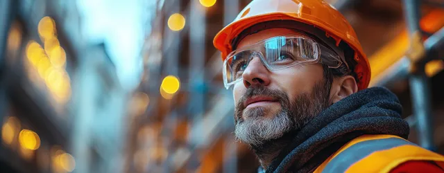 A construction worker wearing a hard hat stands on scaffolding with a high-visibility vest in soft natural light.