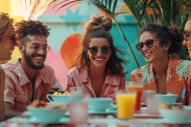 Friends share breakfast pastries and coffee at a sunny outdoor terrace table while talking and laughing together.