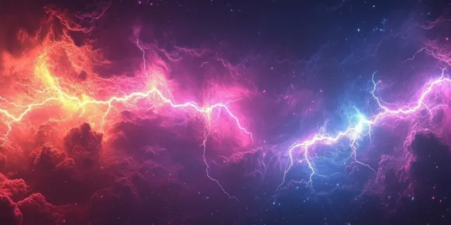 Rainbow cosmic lightning storm swirl with glowing plasma clouds across a dark abstract sky with Rainbow Color Effects