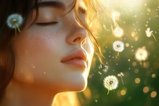 A woman outdoors sneezes while glowing spring pollen particles drift in the sunlit air behind dandelion bokeh.