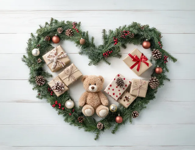 Minimalist heart wreath with teddy bear gift boxes and Christmas ornaments on white tabletop