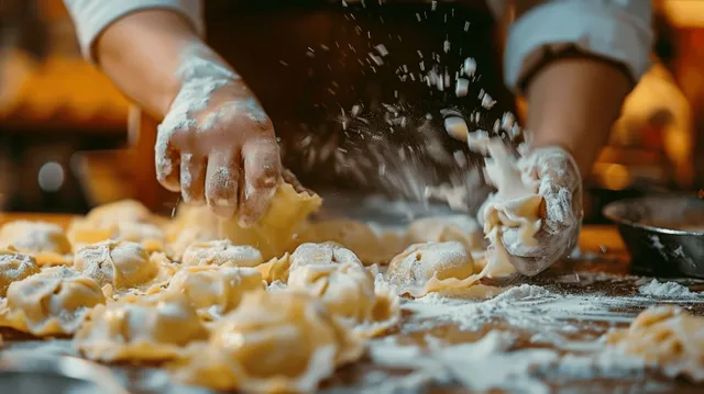 Hands fold pierogi dough on a floured table as flour falls in a culinary class kitchen.