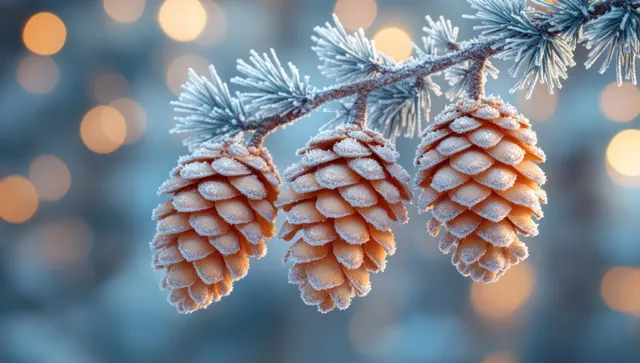 Frosted pine cones hang from a snowy branch while blurred winter lights glow behind them.