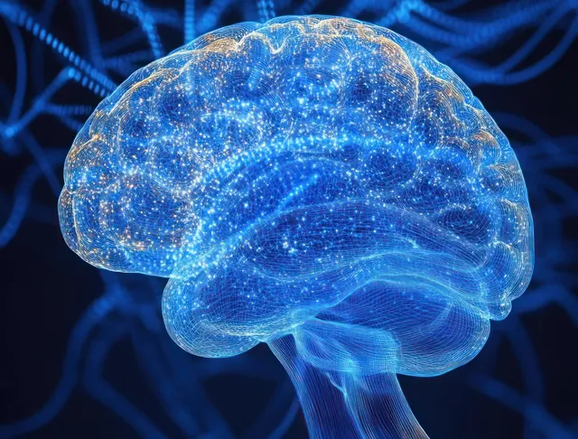 A glowing digital human brain is surrounded by blue neural network lines and golden nodes on a dark background.