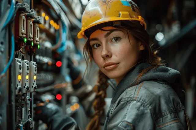 Young woman electrician inspects energized electrical panels while wearing a yellow hard hat