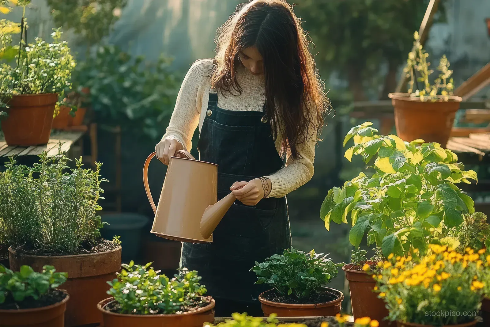Young woman watering potted plants with a watering can in a sunny garden surrounded by flowers and greenery.