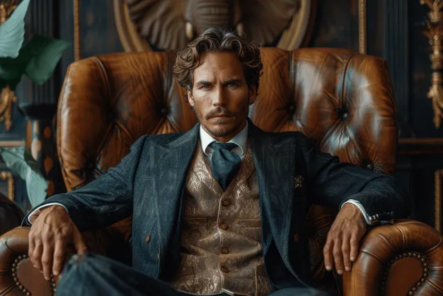 A suited man wearing an elephant mask reclines on a tufted leather sofa in a dim ornate room.