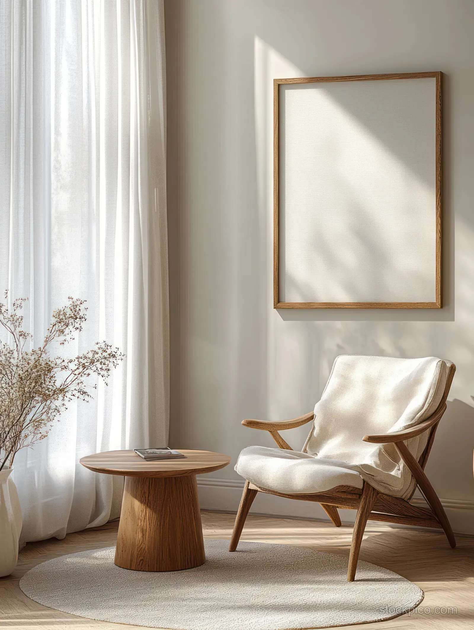 Mid-century lounge chair beside a round wooden side table in a Scandinavian living room with sheer curtains and framed wall art.