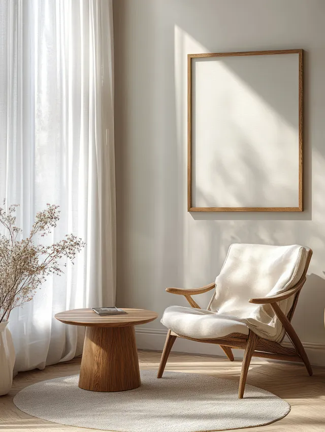 Mid-century lounge chair beside a round wooden side table in a Scandinavian living room with sheer curtains and framed wall art.